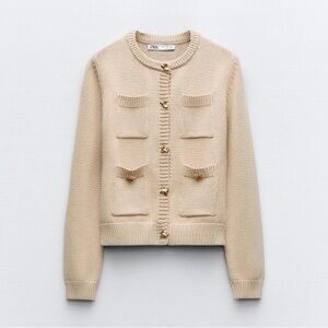 Zara Elegant Beige Gold Button Women's Sweater Cardigan